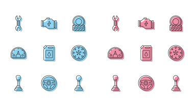 Hat değiştirici, direksiyon simidi, İngiliz anahtarı, motor yağı için teneke kutu, Alloy, Speedometer ve motor simgesini kontrol et. Vektör