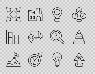 Bayrak, yüzde yüz ok, konum, mali büyüme, yönlü, teslimat takibi, ampul ve piramit grafiksel bilgi simgesi ile çizgi dağlarını ayarlayın. Vektör