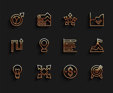 Satır Ampulü, birçok yön oku, Finansal büyüme, Dolar sembolü, Hedef, Konum, Bayrak ve Pie grafiksel ikonlu Dağlar. Vektör