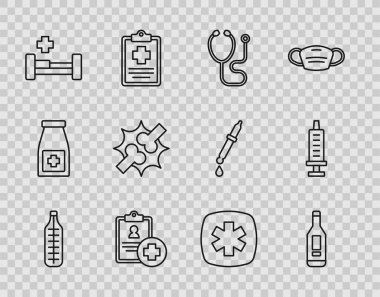 Tıbbi termometre, dijital, steteskop, hasta kaydı, hastane yatağı eklem ağrısı, diz ağrısı, acil durum - Yaşam Yıldızı ve Şırınga ikonu. Vektör