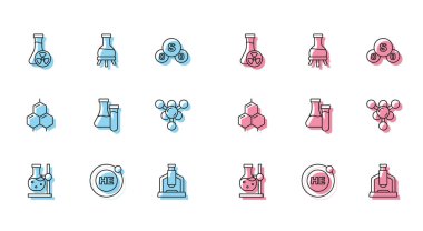 Test tüpünü kürsüye getirin, Helyum, zehirli sıvı, mikroskop, molekül, kimyasal formül ve ikon. Vektör