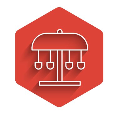 Beyaz çizgi atlıkarınca ikonu uzun gölgeli izole edilmiş. Eğlence parkı. Çocuklar için eğlence parkı, eğlence parkı. Kırmızı altıgen düğmesi. Vektör.