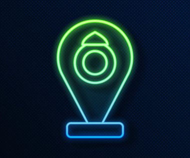 Parlayan neon hattı ön cephedeki mücevher mağazası simgesi mavi arka planda izole edilmiş. Vektör