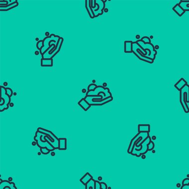 Mavi çizgi traş köpüğü, el simgesinde yeşil arka planda izole edilmiş, pürüzsüz bir desen. Tıraş köpüğü. Vektör