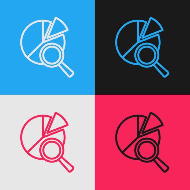 Pop art line Magnifying glass and data analysis icon isolated on color background. Search sign.  Vector