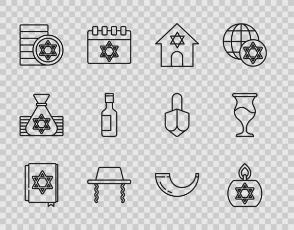 Set Line Livre Torah Juive Bougie Ardente Synagogue Chapeau Juif — Image vectorielle