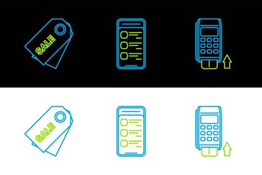 Pos terminalini eklenen kredi kartıyla ayarla, Price etiketi bir yazıt indirimi ve çevrimiçi alışveriş cep telefonu simgesi. Vektör