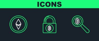 Çizgi büyüteci Bitcoin, Kripto para birimi Ethereum ETH ve Lock bitcoin ikonu ile ayarla. Vektör