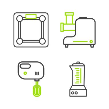 Hat blenderi, elektrikli mikser, mutfak kıyma makinesi ve banyo terazisi ikonu. Vektör