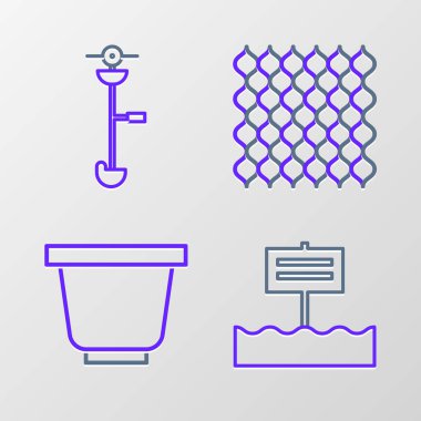 Çizgi boş tahta tabela, saksı, bahçe çiti ve çim ve ot teli budayıcı ikonu. Vektör