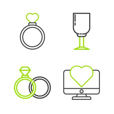 Bilgisayar monitörünü kalp alyanslarıyla ayarla. Şarap kadehi ve simge. Vektör.