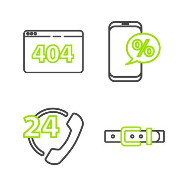 Deri kemerli telefon hattını 24 saat için yüzde indirimi ve 404 hata ikonuyla birlikte sayfayı ayarla. Vektör.