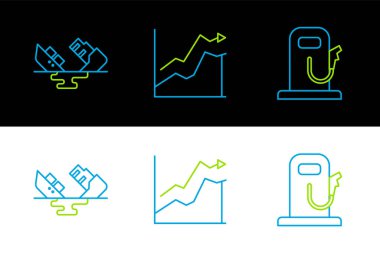 Petrol ya da benzin istasyonu, enkaz halindeki petrol tankeri gemisi ve petrol fiyatlarındaki artış ikonu. Vektör