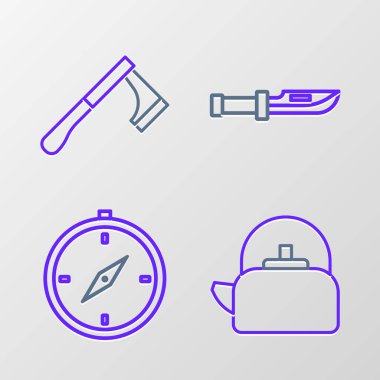 Su ısıtıcısını, pusulayı, kamp bıçağını ve tahta balta ikonunu ayarlayın. Vektör