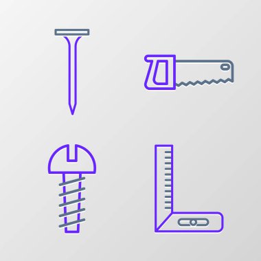 Çizgi cetvel, metal vida, el testeresi ve çivi simgesi. Vektör