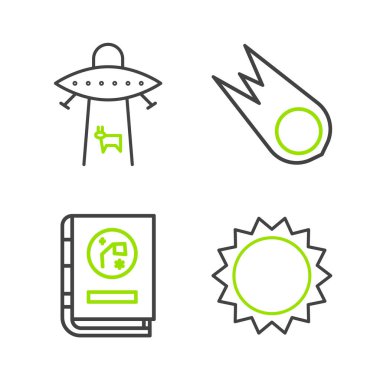 Güneş çizgisi, astronomi kitabı, kuyrukluyıldız hızla düşüyor ve gezegen simgesi. Vektör