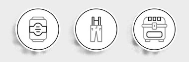 Antik hazine sandığı, enerji içeceği ve pantolon askısı ikonlu. Vektör