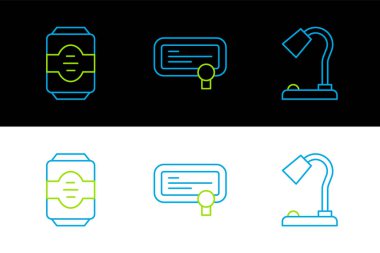 Masa lambası, enerji içeceği ve sertifika şablon simgesini ayarla. Vektör