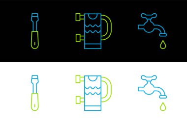 Hattı su musluğu, tornavida ve ısıtmalı havlu tırabzanı simgesini ayarla. Vektör