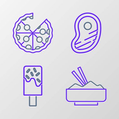 Pirinci yemek çubuğu, dondurma, biftek ve pizza ikonuyla bir kaseye koy. Vektör