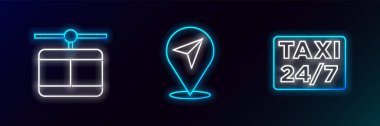 Hattı taksi, kablo araba ve ikon ile ayarla. Parlayan neon. Vektör