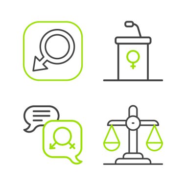 Cinsiyet eşitliği, münazara kürsüsü ve erkek cinsiyet ikonu. Vektör