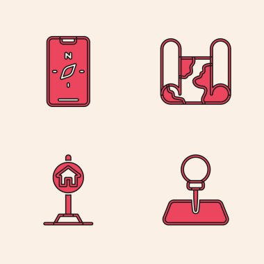 Push pin, pusula, katlanmış harita ve trafik simgesi için otel tabelasını ayarlayın. Vektör