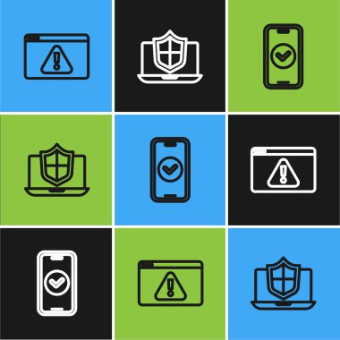 Satır Tarayıcısını ünlem işareti, akıllı telefon ve dizüstü bilgisayar korumalı kalkan simgesi ile ayarla. Vektör