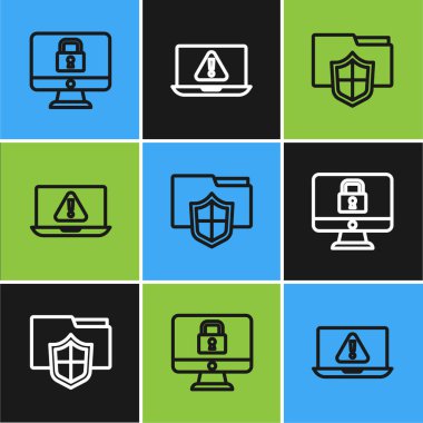 Satır Kilidi 'ni monitöre, Doküman klasörü korumasına ve ünlem simgesiyle dizüstü bilgisayara ayarlayın. Vektör