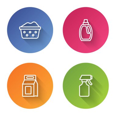 Sabun köpüklü leğen, temizlik malzemesi şişesi, çamaşır deterjanı ve su püskürtme şişesi. Renkli daire düğmesi. Vektör