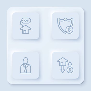 Evi dolarla, kalkanla, emlakçıyla ve... Beyaz kare düğme. Vektör