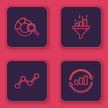 Satır Arama veri analizini, grafik grafiğini, satış hunisini ayarlayın. Mavi kare düğme. Vektör