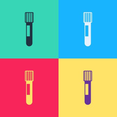 Pop sanat test tüpü ve kimyasal test ikonu renk arkaplanında izole edilmiş. Laboratuvar cam levhası. Vektör