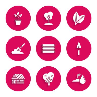 Tahta kutu, elmalı ağaç, su filizi, bahçe küreği ya da kürek, çiftlik evi, toprak, Yaprak ve Çiçek saksı ikonu. Vektör