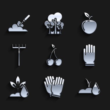 Kiraz, bahçe eldivenleri, sulama filizi, bitki, tırmık, elma ve kürek ya da toprak ikonu. Vektör