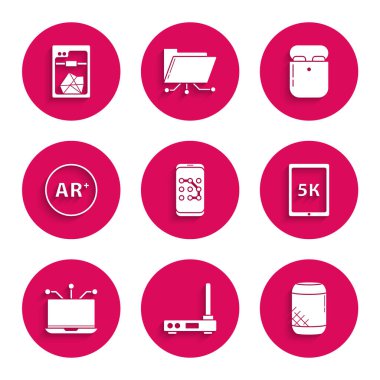 Mobil ve grafik şifre korumasını ayarla, Router kablosuz ağ sinyali, ses asistanı, metin 5k, dizüstü bilgisayar, Ar, artırılmış gerçeklik tableti, kutuda hava kulaklıkları ve 3D yazıcı simgesi. Vektör