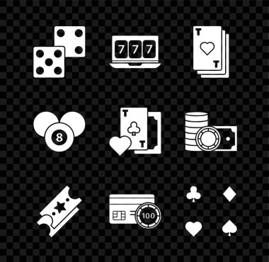 Set Game zar, Online slot makinesi, şanslı yedinci büyük ikramiye, iskambil kalbi, piyango bileti, kredi kartı, kart, bilardo bilardo topu 8 top ve kulüp simgesi ikonu. Vektör