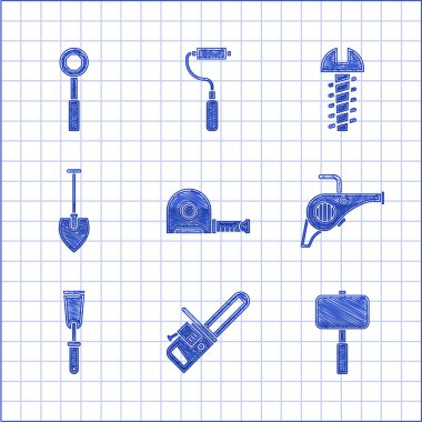 Rulet inşaatı, elektrikli testere, balyoz, yapraklı bahçe üfleyicisi, macun bıçağı, kürek, metal vida ve İngiliz anahtarı ikonu. Vektör