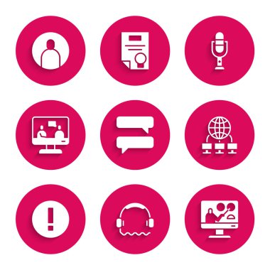 Konuşma balonu sohbetini, kulaklıkları, çevrimiçi eğitimi, bilgisayar ağını, bilgiyi, mikrofonu ayarlayın ve hesap ekranı simgesi oluşturun. Vektör