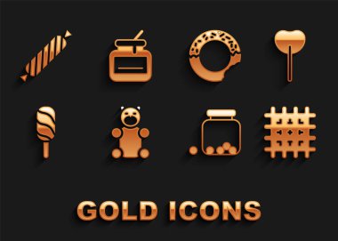 Jöleli şeker, lolipop, bisküvi, şekerli cam kavanoz, dondurma, çörek, şeker ve bal ikonu. Vektör