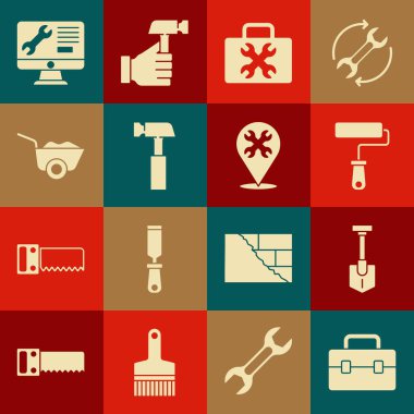 Araç Kutusu, Kürek, Boya Fırçası, Çekiç, El Arabası, Bilgisayar Monitör Servisi ve İngiliz anahtarı simgesine sahip konum. Vektör