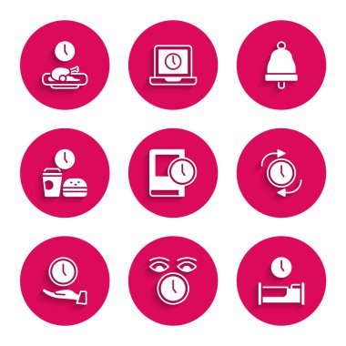 Kitap, saat, uyku zamanı, okla, fast food zamanı, zil ve yemek ikonu. Vektör