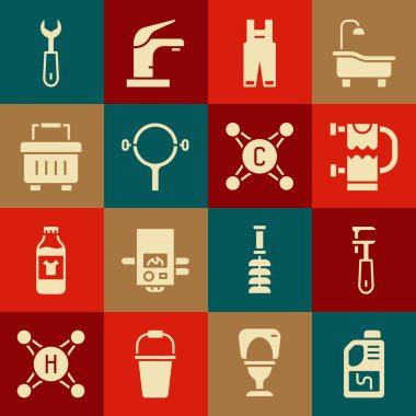 Lavabo açıcı şişesi, ayarlanabilir boru anahtarı, ısıtmalı havlu korkuluğu, iş tulumu, filtre, alet kutusu, anahtarlık ve su musluğu simgesini ayarla. Vektör