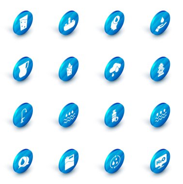 Lavaboyu musluk, su damlası, çamaşır deterjanı, cam sürahi, cam, yangın musluğu ve bulut yağmur ikonu ile donatın. Vektör