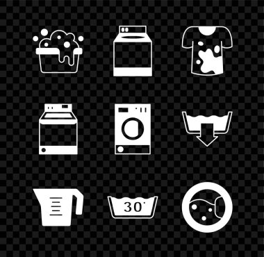 Küveti sabun köpüğü, çamaşır makinesi, kirli tişört ölçü kabı, sıcaklık yıkama ve ikon ile doldurun. Vektör