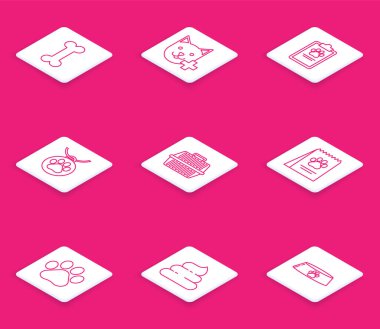 Set line Dog bone, Veterinary clinic symbol, Clipboard with medical clinical record pet, Collar name tag, Pet carry case, Bag of food for dog, Paw print and Shit icon. Vector