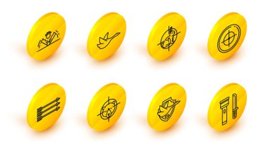 Hat el feneri ve bıçak, kalkan üzerinde uçan ördek, hedefli av ayısı, Hippi okları, atış yarışması için hedef sporu, tavşan ve tuzak avlama ikonu. Vektör