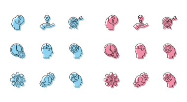 Dolar sembollü çizgi, insan teçhizatı, kafa soru işareti, bulmaca stratejisi, zaman yönetimi ve ampul el ikonu. Vektör