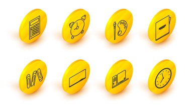 Satır saatini ayarla, klavye ve fareli bilgisayar monitörü, karton tahta, ataç, not defteri, boya fırçası paleti, alarm saati ve hesap makinesi simgesi. Vektör