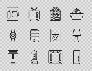 Elektrik ısıtıcısı, buzdolabı, blender, cam demlikli kahve makinesi, çift kazan, banyo terazisi ve masa lambası ikonu. Vektör